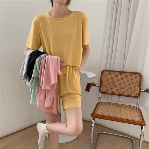 2021Summer Korean Loose Round Neck T-Shirt + Wide Leg Shorts Two-piece sets Womens Casual Tracksuit Fashion Outfit Suit Tide