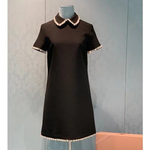 High-End Customization Women Black Short Sleeve A-Line Dress Handmade Luxry Diamond OfficeLady Loose Elegant 2021 Summer