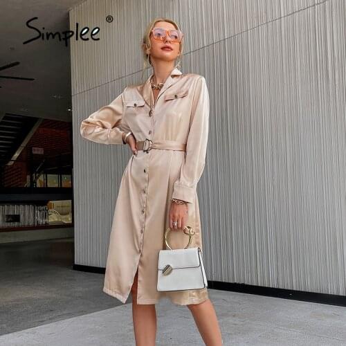 Simplee High street v-neck buttons A-line belt women dress Office lady solid satin pocket shirt dresses Female notched vestidos