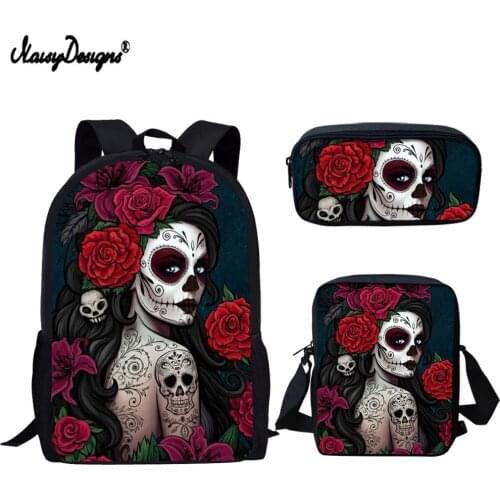 NOISYDESIGNS 2021 Gothic Skull Girl Printing School Bags for Kids Girls School Backpack Shoulder BookBag 3Pcs/Set Casual Satchel