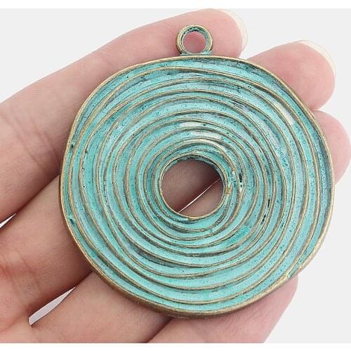 2PCS Antique Bronze Verdigris Patina Boho Round Swirl Spiral Charms Pendant for Necklace Making Jewelry Findings 58x53mm