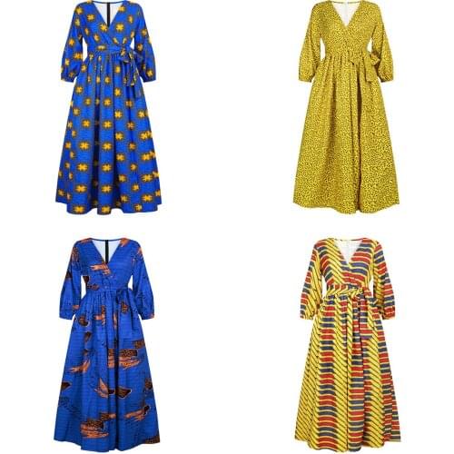 Bandage Dresses African Style Digital Printing Womens V-neck Sexy Long-sleeved Dress with Split Zipper and Large Swing Dress