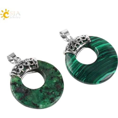 CSJA Natural Gem Stone Beads Women Men Pendants for Necklace Hollow Round Veins Onyx Crystal Tiger Eye Reiki DIY Jewellery E517