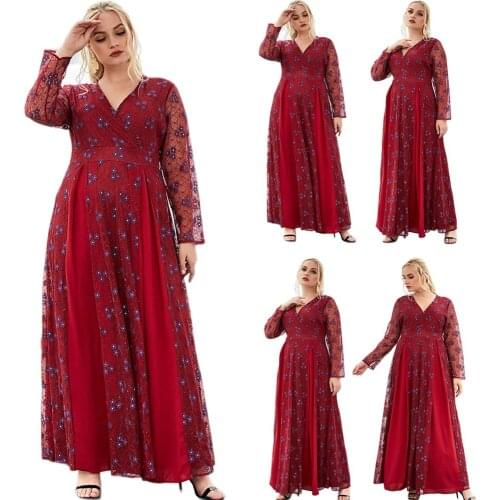 Women Lace Flower Long Dress V-neck Long Sleeve Hollow Out Muslim Abaya High Waist Loose Maxi Robe Ramadan Islamic Vestido Gown