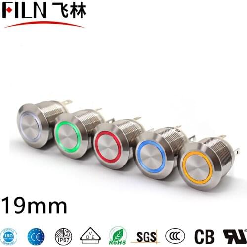 FILN 19mm red green LED Metal Push Button Switch 12v 36v 48v Momentary switch witn 4 pins