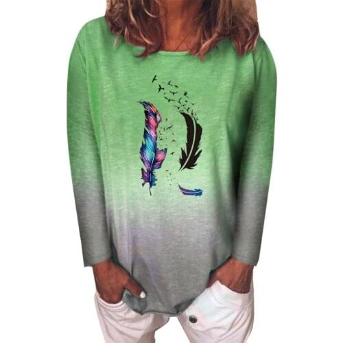 Gradient Long Sleeve T-Shirt Womens Casual Spring Autumn Tops Woman Harajuku Feather Print Pullover Tshirt ropa Mujer Camisetas