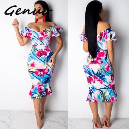 Genuo New 2019 Women Slash Neck Flora Printed Falbala Hem Bodycon Party Dress Bohemian Sheath Knee-Length Summer Dress