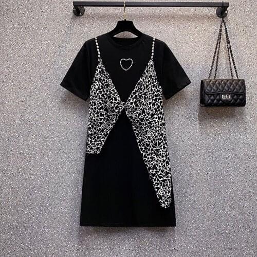 Two Piece Stitched Beaded Black Short Sleeve Dress Summer Midi Dress Fashion Pastel Vestidos De Festa Dresses For Women