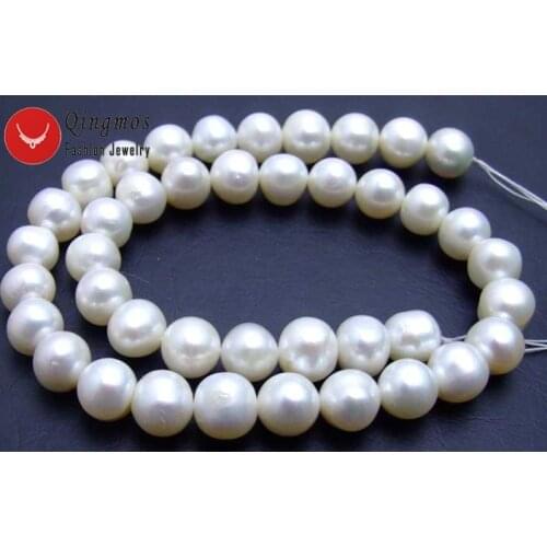 Qingmos 9-10mm White Natural Round Freshwater Pearl Loose Beads for Jewelry Making Necklace Bracelet Strand 14" perla Perle-lo45