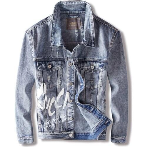 Streetwear Men Fashion Jackets High Quality Printed Designer Punk Coats Denim Jacket Men Newly Hip Hop Ripped Jackets Hombre
