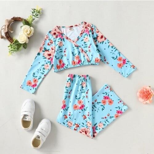 New Girls Outfits Kids Clothes 2 Pcs Sets Boho Style Flower Print Long Sleeve V-neck Tops+long Pants Cotton Spring Autumn 1-6Y
