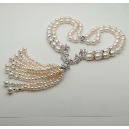 Fashion statement natural white freshwater pearl tassels necklace zircon accessories clasp 48-51cm long
