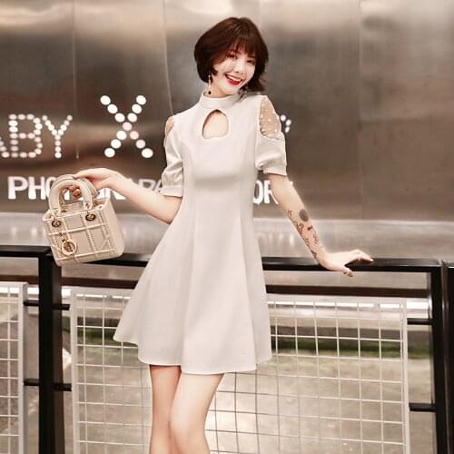 Special Occasion Dresses Vintage High Short Luxury White A-Line Zipper Off The Shoulder Knee-Length Satin Women Prom Gown E966