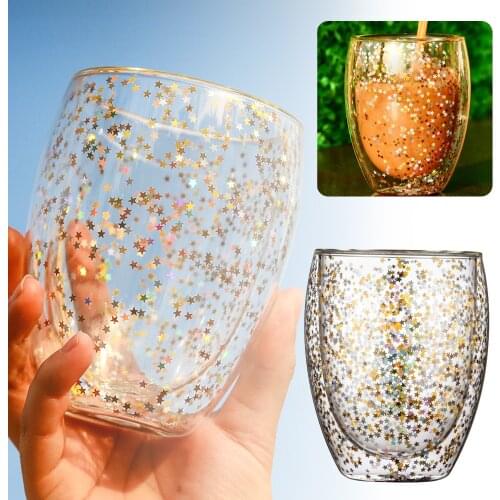 Transparent Glass Coffee Cup Double Bottom Heat-resistant Glass Cup Creative Sky Star Sequins Cup Whiskey Beer Milk Mug