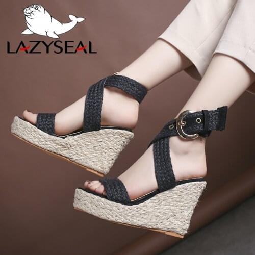 LazySeal Gladiator 11cm Platform Wedge Sandals Women Shoes Woman Plus Size High Heels Summer Espadrilles Shoes Cane Flip Flop