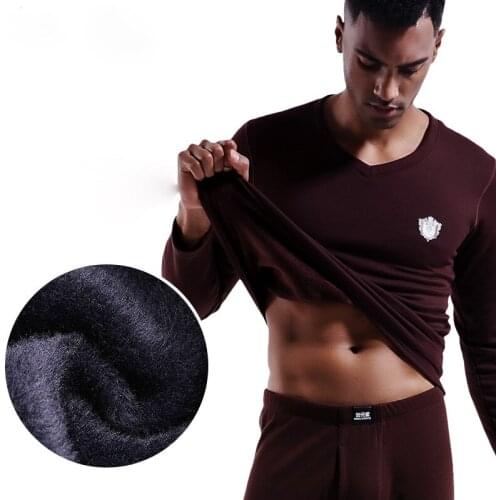 Men Thermal Underwear Fleece Winter Warm Tops V Neck Long Sleeves