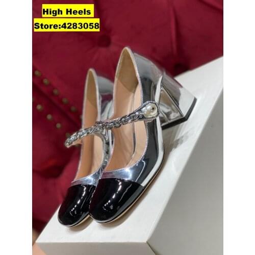 Casual Designer Fashion Women Pumps Silver Patent leather Pointy toe Maryjane Mid Chunky High heels bride wedding shoes