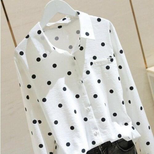 Polka Dot Women White Shirts Summer New 2021 Turn-Down Collar Long-Sleeved Loose Office Lady Elegant Outwear Tops