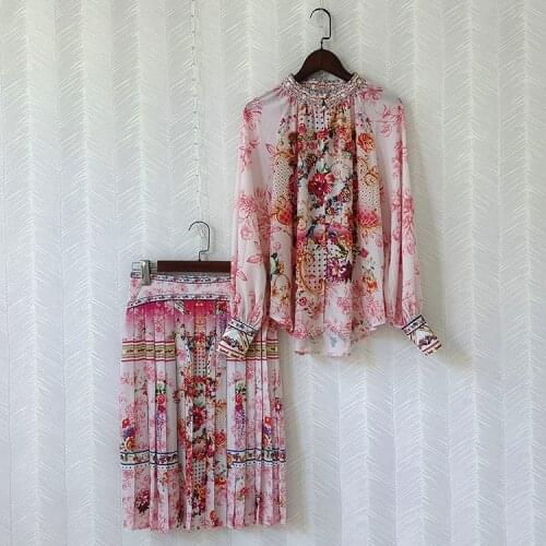 Autumn Womens Elegant floral print Stand collar Vintage Shirts+pleated Skirts 2piece Set C889