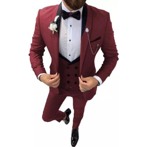 2021 Formal Men Suits Burgundy 3 Pieces Slim Fit Shawl Collar Groom Male Dress Men Suits For Wedding Party Best Man Tuxedos