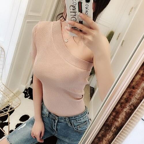 2021Summer Womens Knitting Off Shoulder Stretchy Asymmetric T-Shirts Tops Girls Knitted Sexy Short Sleeve T Shirt Top For Women