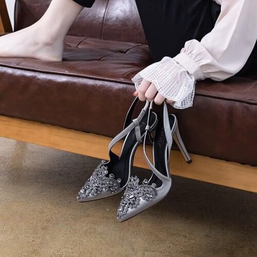 2021 spring pointed shallow mouth stiletto sandals banquet dress shoes rhinestone large size small size female wedding shoes