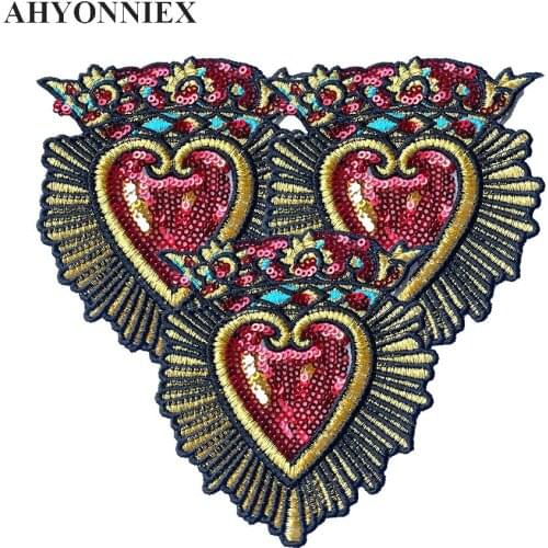 3PCS Gold Crown and Red Love Heart Sequins Patch Fashion Embroidery Iron on Patches for Clothes Jacket Applique DIY Accessory