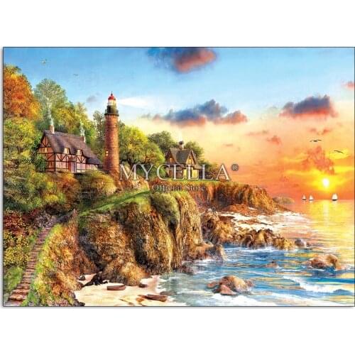 5D Diy Diamond Painting Sunset Landscape Lighthouses Ocean Embroidery Cross Stitch Full Diamond Mosaic Home Decor Needlework