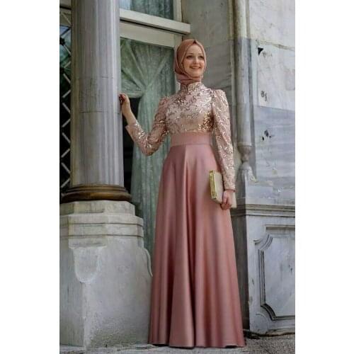 High Neck Long Sleeve 2020 A Line Robe De Soiree Gold Applique Satin Elegant Aso Ebi Long Evening Dress