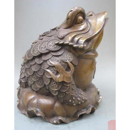 Free shipping S03264 Fengshui Bronze Chinese Lotus Leaf Frog jin chan coin Toad wealth Statue