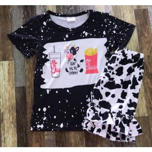 Kids Boutique Clothes Cute Baby Girl Chips Cola Cow Print Short Sleeve Lace Shorts Set
