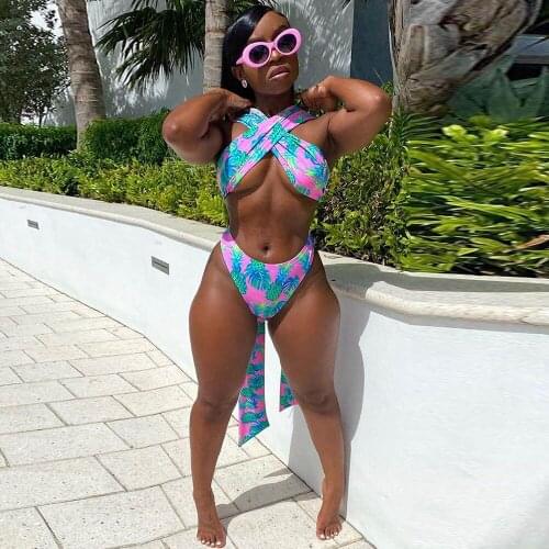 Pineapple Print Sexy Two Piece Bikini Sets Womens Swimsuit Criss Cross Halter Bow Tie Backless Crop Top+beachwear Undershorts