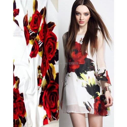 Styles Summer Formal Dress Red Flowers Digital Printed Fabric Super Crepe Heavy Silk Fabric