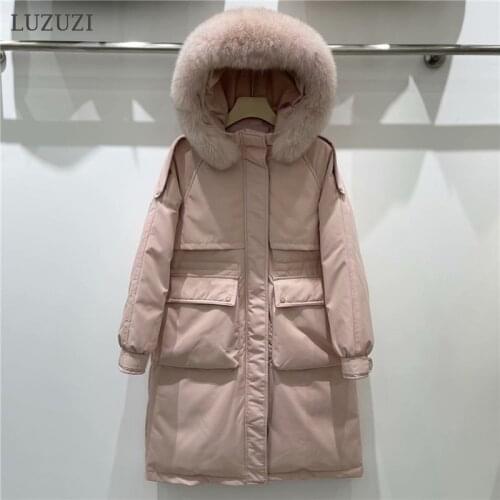 LUZUZI 2021 New Winter Women Long 90% White Duck Down Jacket Large Natural Fur Collar Hooded Parkas Thick Warm Coat Snow Outwear