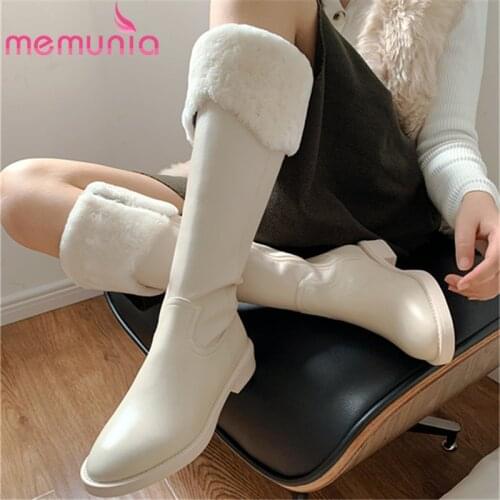 MEMUNIA 2021 Top Quality Genuine Leather Knee High Boots Women Round Toe Winter Shoes Zip Low Heel Casual Shoes Ladies
