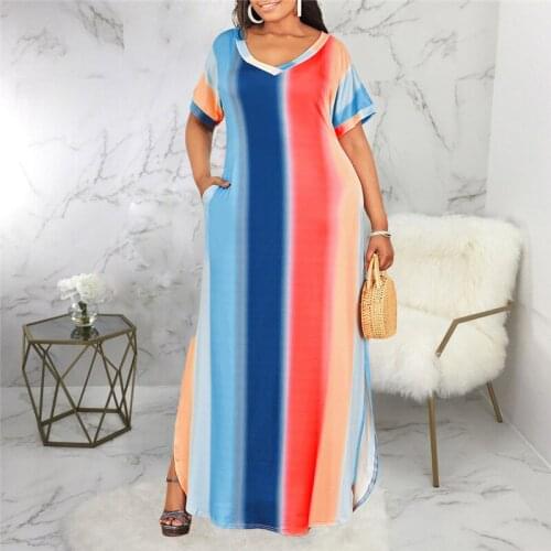 New Plus Size Dresses for Women 2021 Wholesale V Neck Casual Loose Striped Maxi Dress Polyester Streetwear Summer Dropshipping