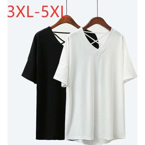 New Korea 2021 summer plus size tops for women large loose short sleeve V neck casual cotton T-shirt white black 3XL 4XL 5XL