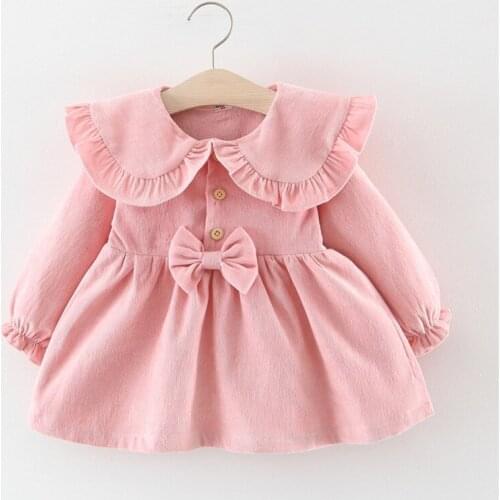 Toddler Autumn Sweet Dress Solid-Color Ruffle Peter Pan Collar Long-Sleeves Fluffy Dress Bow Decoration for Baby Girl Under 4