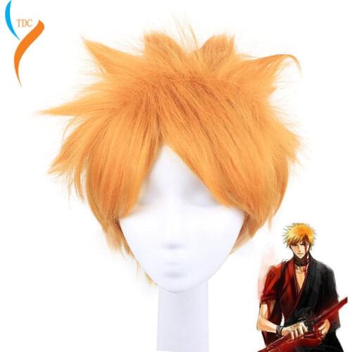 BLEACH Kurosaki Ichigo Short Fluffy Layered Cosplay Wigs for Man Boys Heat Resistant Synthetic Hair + Wig Cap