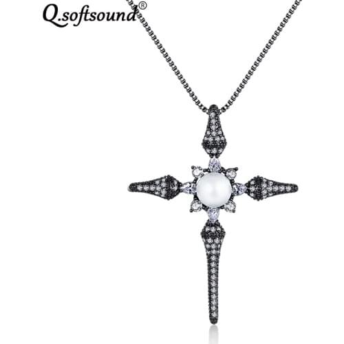 New Cross Pearls Pendant Necklace Women CZ Stone Black Gold Filled/White Gold Chain Necklaces Gothic Jewelry Gifts Choker QN2220