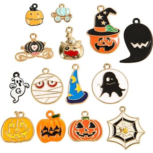 14pcs/pack Mix Style Halloween Charms Alloy Pumpkin Wizard Hat Ghost Pendant Charms DIY Necklace Bracelet Jewelry Accessories