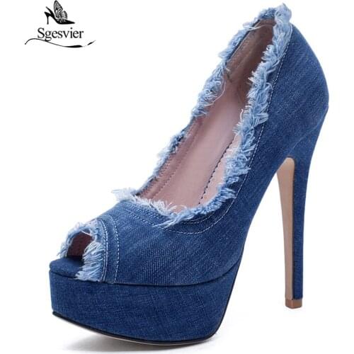 Sgesvier Summer Womens pumps Thin heel Shoes woman Denim Peep toe Platform Slip on Hairy shoes Black Blue Big size 33-43 G327