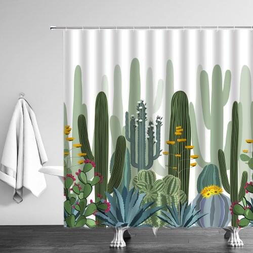 Tropical Desert Green Succulent Plant Cactus Flower Shower Curtains Waterproof Bathroom Home Decor Curtain Set Polyester Cloth