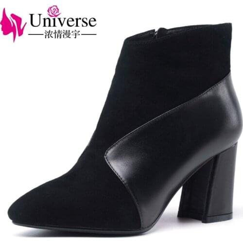 Universe leather patchwork 2017 fashion winter boots comfortable chunky heel pointed toe ladies ankle boots G357