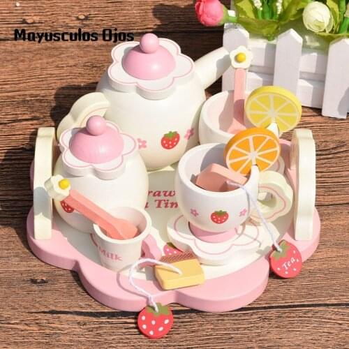1Set Wooden Childrens Educational Toys White Bucket Cut To See Wooden Strawberry Afternoon Tea Childrens Play House Tea Set