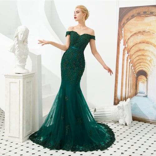 Green Mermaid Evening Dresses 2019 Long Lace Appliques Beaded Sequin Off Shoulder V Neck Zipper Prom Gowns