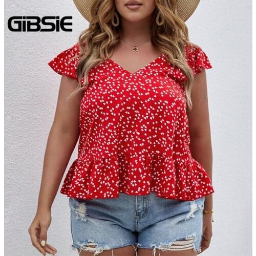 GIBSIE Plus Size V Neck Heart Print Ruffle Hem Blouse Women Butterfly Sleeve Boho Casual Summer Ladies Blouses and Tops 4xl