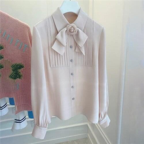 Temperament celebrity handmade flower Lapel shirt 2021 spring new design feeling minority diamond chiffon shirt girl