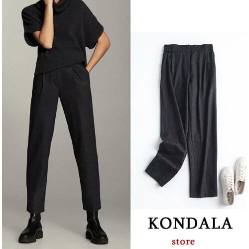 KONDALA Za Fashion 2021 Women Pants Woolen England Style Elastic Pants High Waist