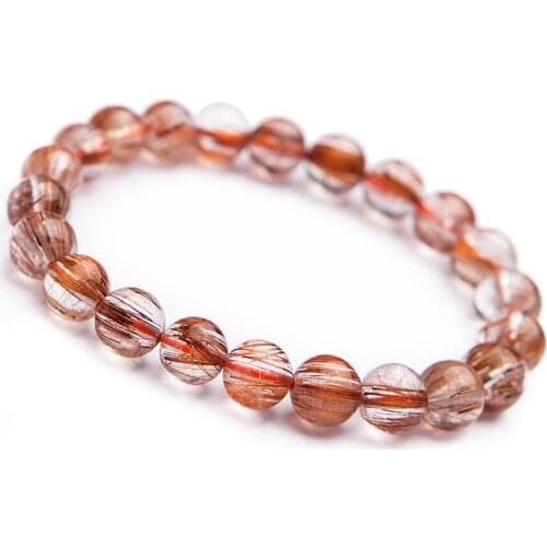 Genuine Natural Copper Hair Rutilated Quartz Crystal Women Stretch Charm Bracelet 8.5mm